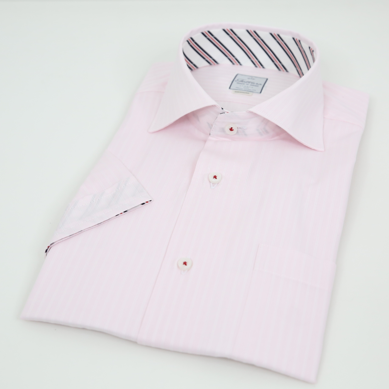 半袖シャツ  レギュラーサイズ  形態安定  ワイドスプレット  シングルボタン  ピンク  日本製